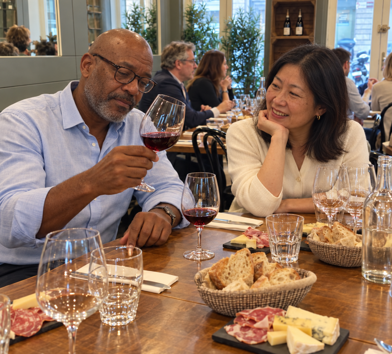 A group gathered around the table for a wine tasting at ARCHIBON in Paris