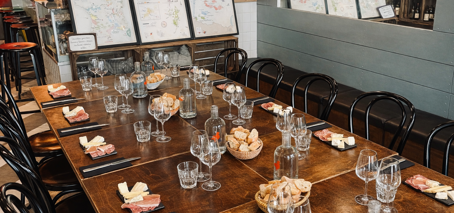 Ready to welcome your clients at ARCHIBON Wine tasting table set with glasses, artisan cheeses and charcuterie at ARCHIBON in Paris